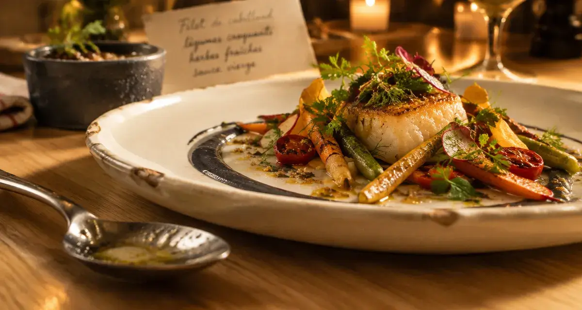 Plat signature : photographie culinaire française du chef, assiette en chêne clair.