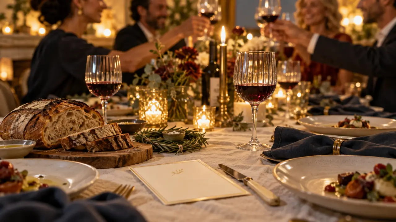 Repas gastronomique francais : quatre plats, table dressée