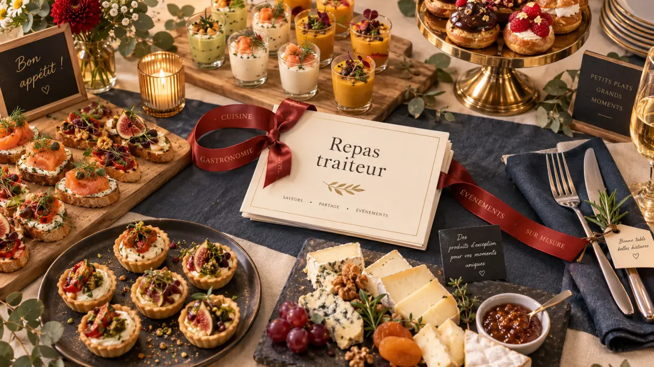 Table de repas traiteur en buffet : verrines et canapés