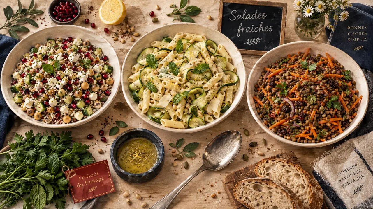 Salades originales pour buffet froid : quinoa pois chiches, pâtes courgette, lentilles carottes
